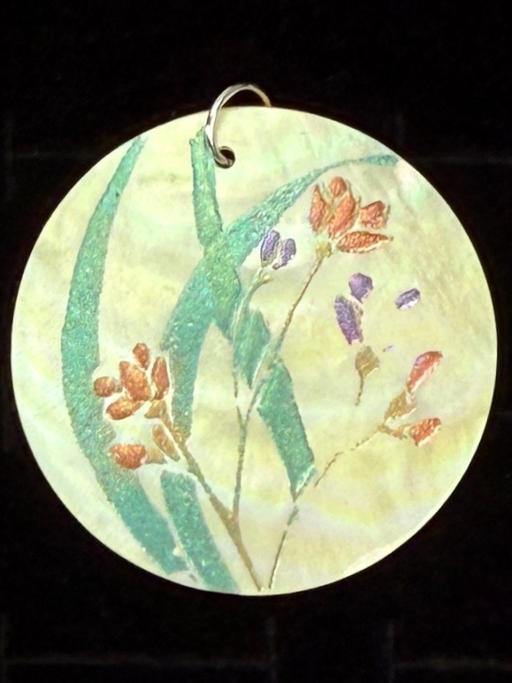 Beautiful vintage painted shell pendant + free cord necklace